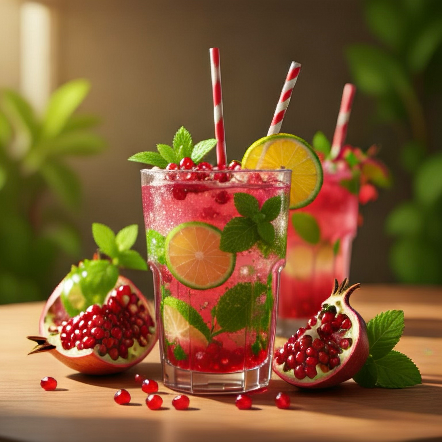 Alcohol free pomegranate mojito mocktail with fresh mint and lime